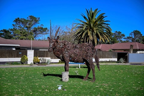 Oryx sculpture by the artist Shivute in the park on 8th Street, Oranjemund, Diamond Sperrgebiet,