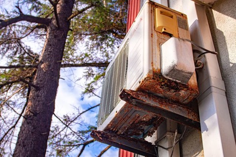 An old and rusty air conditioner hanging on the hotel building, in the sunny outdoor, seaside