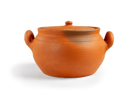 A handmade clay pot with a lid, on a white background, traditional craftsmanship, Georgian clay