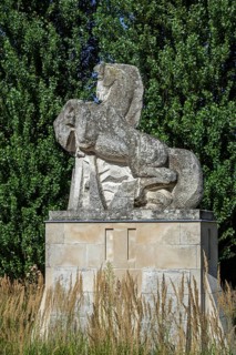 Statue of the Ros Beiaard by sculptor Marc De Bruyn, folkloristic horse in the city Dendermonde,