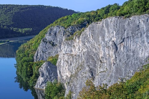 Freyr, biggest and most prominent limestone rock climbing crag in Belgium along the Meuse River at