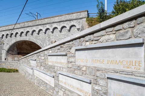 Bridge at Our Lady of Beauraing, Notre-Dame de Beauraing sanctuary, place of pilgrimage and Marian