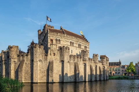 12th century medieval moated Gravensteen, castle of the counts in the historic city centre of Ghent