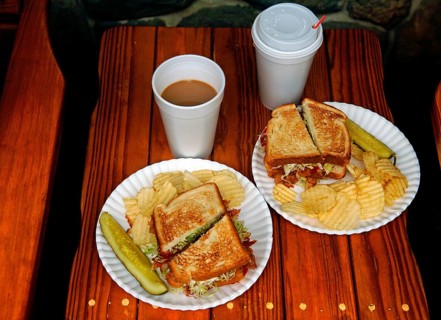 BLT, bacon, lattuce, tomato with chips and coffee in plastic cups, served in a diner, Marksboro,