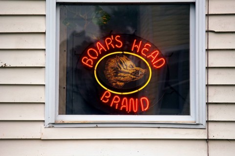 Illuminated advertising on the window of a bar, Marksboro, New Jersey, USA