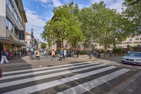 Pedestrian zone, street, square, pedestrian crossing, zebra crossing, general architecture,