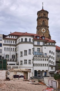 Collegiate church Stuttgart, construction site, demolition work, buildings, houses, cloudy, diffuse