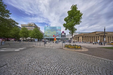 Art museum Stuttgart, pedestrian zone, modern architecture, general development, cobblestone