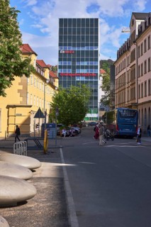 Modern architecture, high-rise, apartment blocks, residential buildings, trees, streets, blue sky,