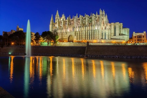 Night shot atmospheric photo in blue hour of Cathedral of Saint Mary of the Holy Mary Episcopal See