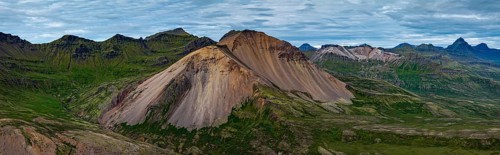 Mountains, coast, summer, aerial view, morning light, volcanic, cloudy, panorama, Faskrudsfjördur,