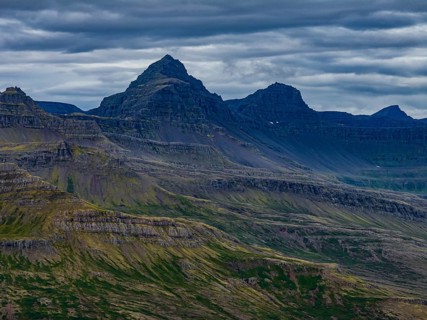 Mountains, coast, summer, aerial view, volcanic, cloudy, Faskrudsfjördur, East Fjords, Iceland