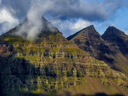 Mountains, Morning light, Coast, Summer, Aerial view, Berufjördur, Teigarhorn, East Fjords, Iceland