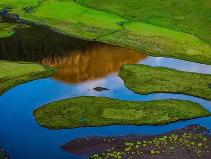 Morning light, river, river delta, river course, reflection, summer, aerial view, Stodvarfjördur,