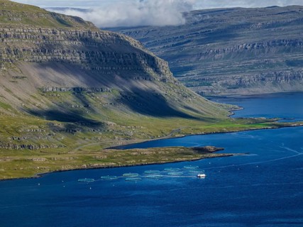 Mountains, fjord, coast, summer, aerial view, fish farm, salmon farm, farmed salmon, fishing,