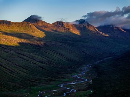 Mountains, morning light, river, river delta, river course, coast, summer, aerial view,