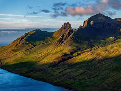 Mountains, Morning light, Fjord, Coast, Summer, Aerial view, Stodvarfjördur, East Fjords, Iceland