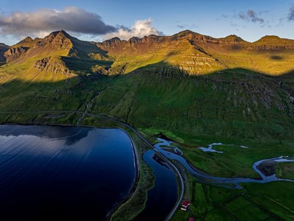 Mountains, Morning light, Fjord, Coast, Summer, Aerial view, Road, Stodvarfjördur, East Fjords,