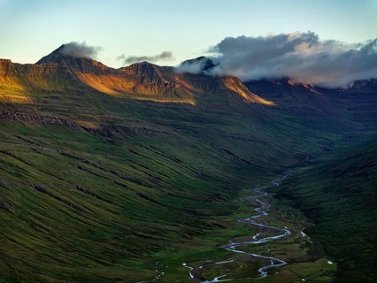 Mountains, morning light, valley, river, river course, river delta, coast, aerial view, summer,