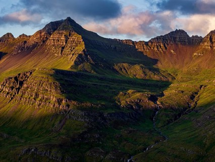 Mountains, morning light, valley, river, river course, coast, summer, aerial view, Stodvarfjördur,