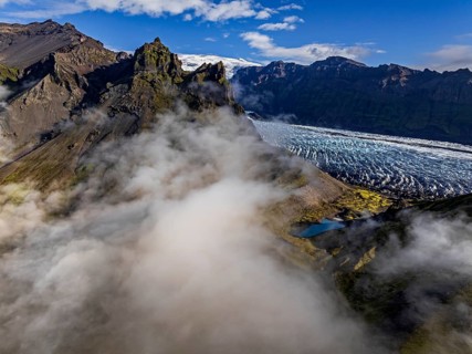 Glacier, glacier tongue, sunny, morning mood, mountains, fog, aerial view, summer, Kviarjökull,