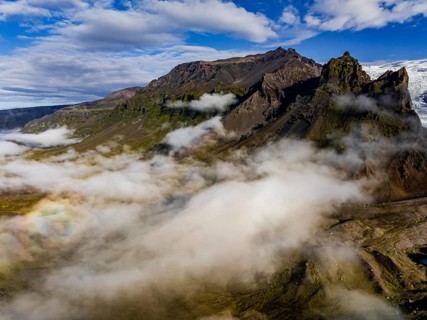 Glacier, sunny, morning mood, mountains, fog, aerial view, summer, Kviarjökull, Vatnajökull,