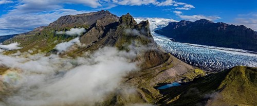 Glacier, glacier tongue, sunny, morning mood, mountains, fog, aerial view, panorama, summer,