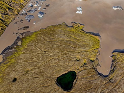 Ice floes, glacial lake, sunny, reflection, aerial view, summer, Kviarjökull, Vatnajökull, Iceland