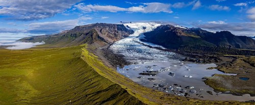 Ice floes, glacier, glacier tongue, glacier lake, sunny, morning mood, mountains, panorama,