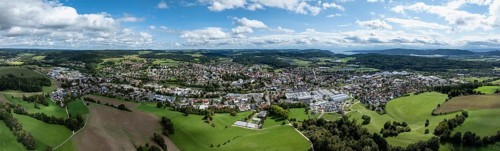 Aerial view, panorama of the town of Stockach in Hegau, Lake Constance on the horizon on the right,