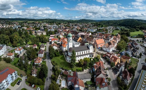 Aerial view of the town of Stockach with the church of St. Oswald in the upper town, historic town
