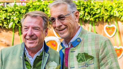 The folk musician Patrick Lindner with man Peter shepherd, Oktoberfest, Munich, Upper Bavaria,
