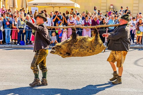 Members of the Bavarian Hunting Association from Munich carry a wild boar, Trachten- und