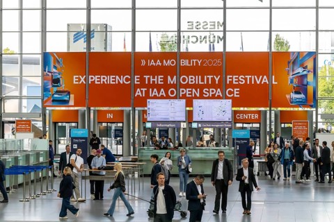 Entrance area at the exhibition halls. IAA MOBILITY in Munich. The motor show presents itself as a