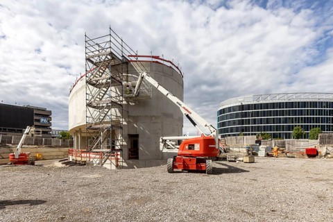 Construction site at the smaller east entrance of the new airport railway station between the
