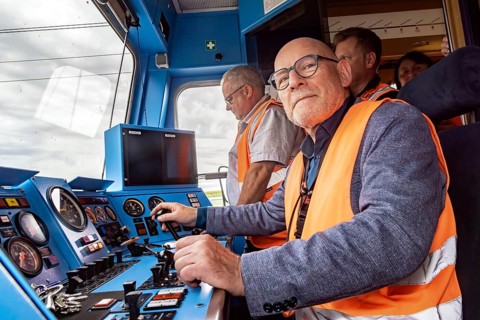 A minister as train driver: Winfried Hermann (MdL, Bündnis 90-Die Grünen, Minister of Transport BW)