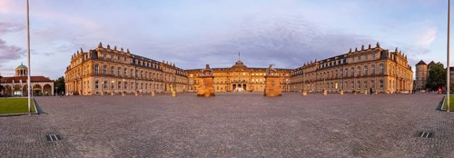 Evening atmosphere at Schlossplatz Stuttgart. View of the New Palace. Panoramic photo. Stuttgart,