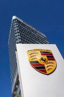 Porsche Centre Stuttgart. Façade with the car manufacturer's logo. Porsche Design Tower. Stuttgart,