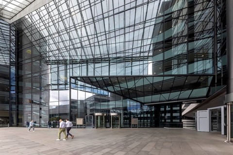 Landesbank Baden-Württemberg, LBBW. Exterior view with glass façade. Europaviertel Stuttgart,