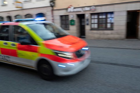 Ambulance in action, movement, Erlangen, Middle Franconia, Bavaria, Germany