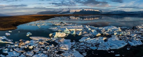 Ice floes, glacier, glacier tongue, fog, clouds, morning mood, panorama, mountains, reflection,