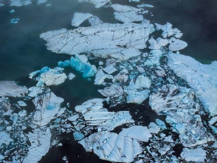 Ice floes, fog, clouds, morning mood, reflection, aerial view, summer, glacier lagoon, Jökulsarlon,