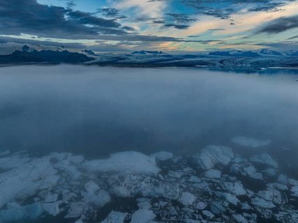 Ice floes, glacier, glacier tongue, fog, clouds, morning mood, reflection, aerial view, summer,