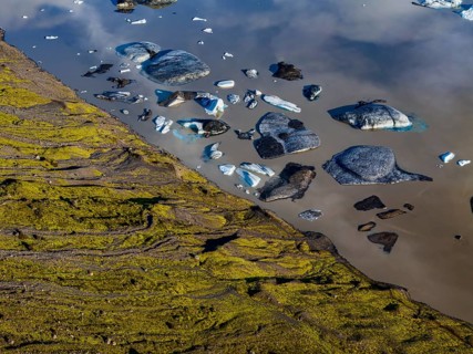 Ice floes, glacier, glacial lake, sunny, morning mood, reflection, aerial view, summer,