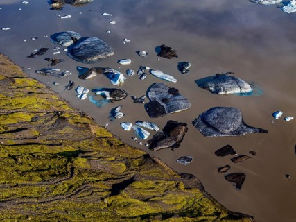 Ice floes, glacial lake, sunny, morning mood, reflection, aerial view, summer, Kviarjökull,