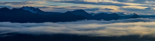 Fog, Clouds, morning atmosphere, Mountains, Aerial view, Panorama, Summer, Höfn, Iceland