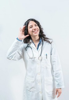 Doctor with hand on ear listening to a rumor, isolated. Latin female doctor hearing a rumor,