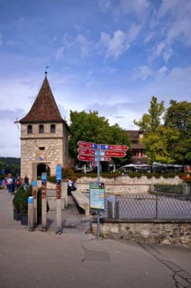 Historic defence defence tower, tower, visitors, tourists, signs, signposts, restaurant, Laufen