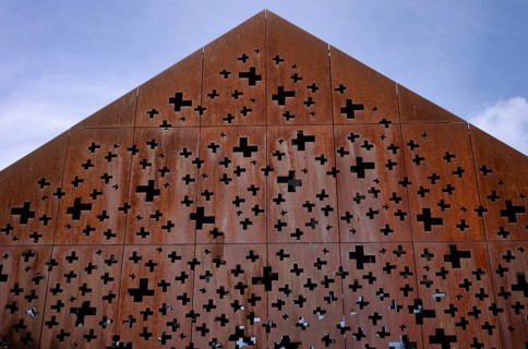 Building, roof, made of metal, with Swiss crosses, Rhine Falls Schaffhausen, waterfall,