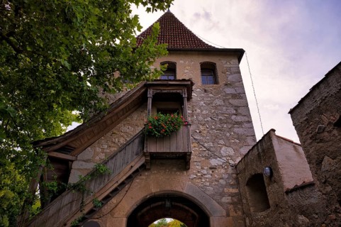 Historic defence defence tower, tower, Laufen Castle, Rhine Falls Schaffhausen, waterfall,